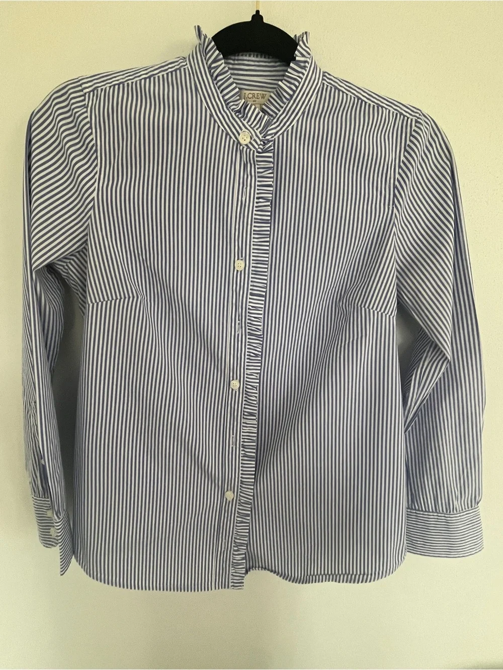 J. Crew women rufflecneck button up blue and white striped cotton. Size XS - Picture 2 of 6